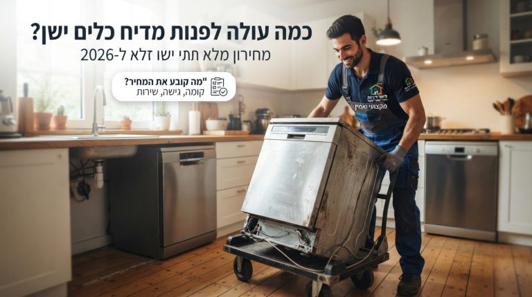 אנשי מקצוע מטעם חברת פינוי דירות מוציאים ומפנים מדיח כלים ישן מתוך מטבח דירה.