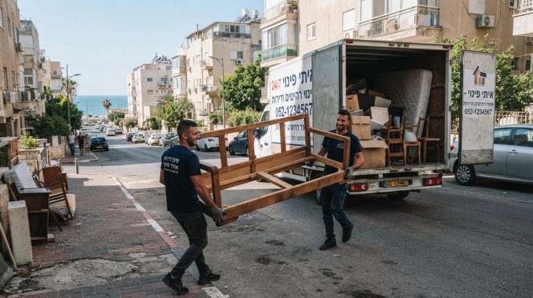 אנשי מקצוע מפנים ספה גדולה וריהוט ישן מדירה בבת ים, במסגרת שירות פינוי רהיטים מקצועי.