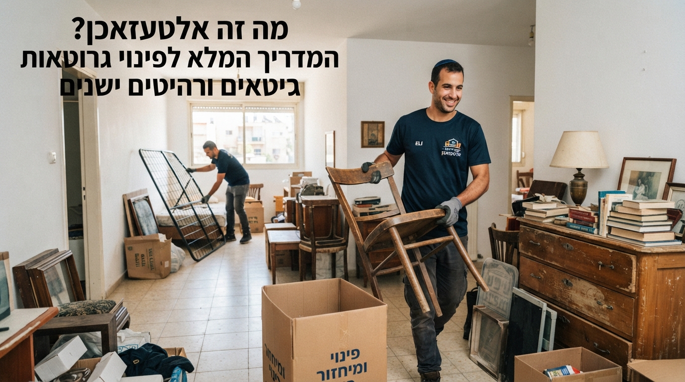 אנשי מקצוע של חברת פינוי דירות מוציאים רהיטים ישנים וגרוטאות (אלטעזאכן) מתוך דירה בצורה מסודרת, כחלק משירות פינוי תכולת בית.