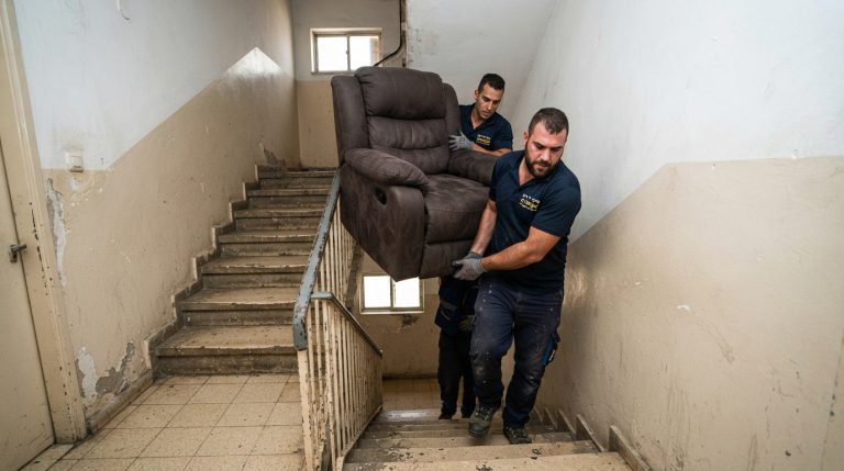 שני מובילים מקצועיים מפנים כורסת טלוויזיה גדולה וכבדה בגרם מדרגות צר בבניין ללא מעלית.