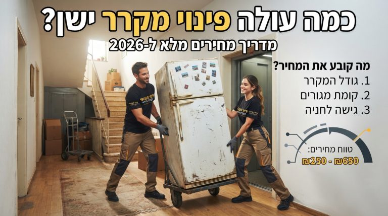 אנשי מקצוע מפנים מקרר ישן מדירת מגורים, מתוך מדריך מחירים ועלויות לפינוי מקררים בשנת 2026.