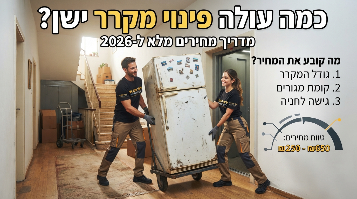 אנשי מקצוע מפנים מקרר ישן מדירת מגורים, מתוך מדריך מחירים ועלויות לפינוי מקררים בשנת 2026.