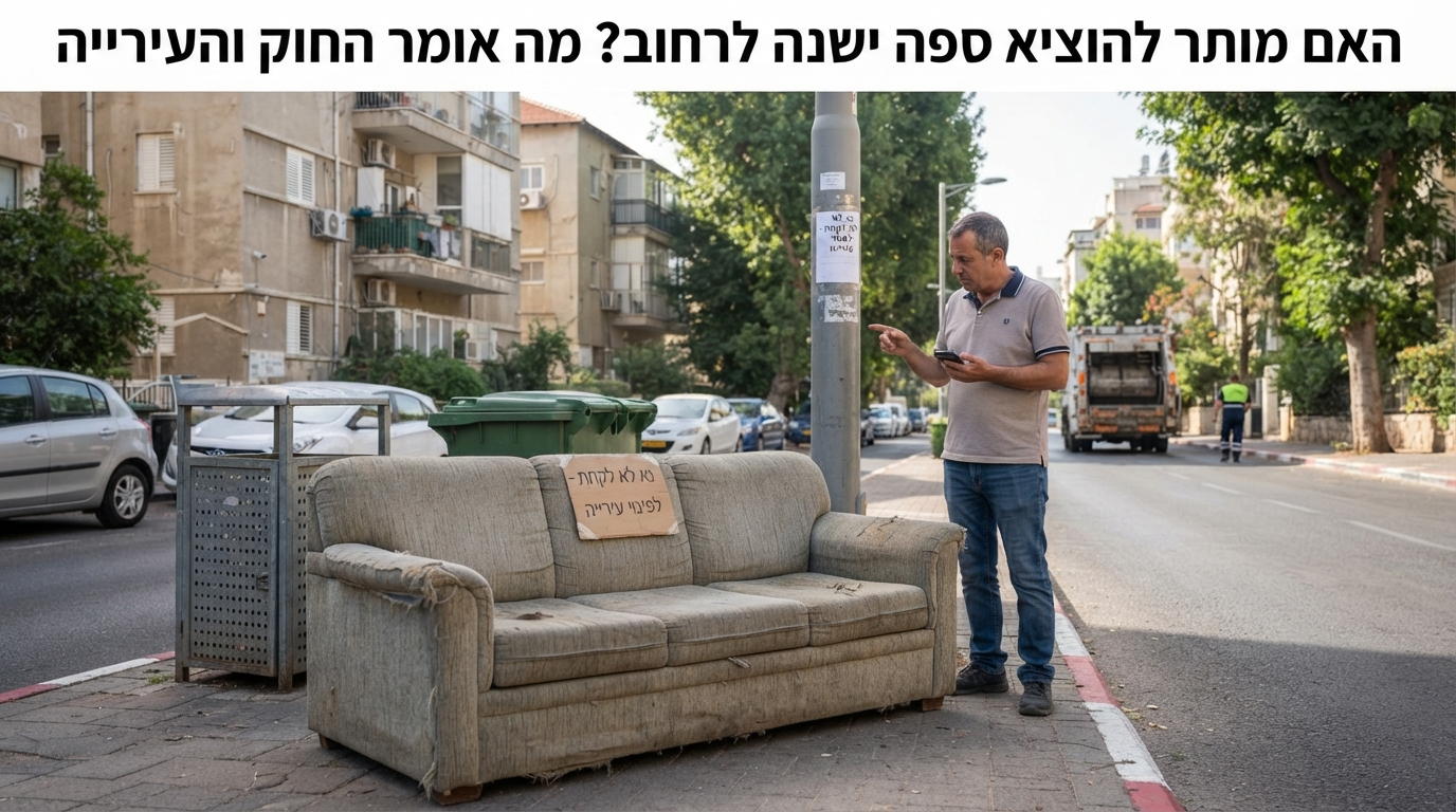 ספה ישנה ובלויה עומדת על מדרכה ברחוב עירוני, מדגימה את הדילמה של השלכת רהיטים ישנים לרחוב בניגוד לחוקי העזר העירוניים.