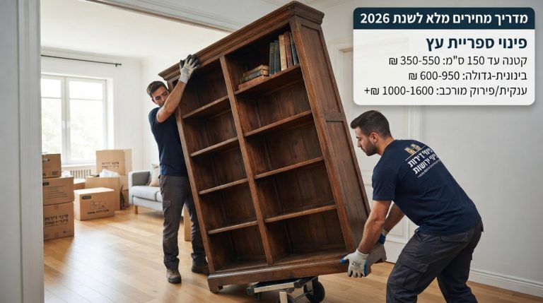 אנשי מקצוע מחברת פינוי דירות מפנים ספריית עץ ישנה, כבדה ומסיבית מתוך סלון של דירה.