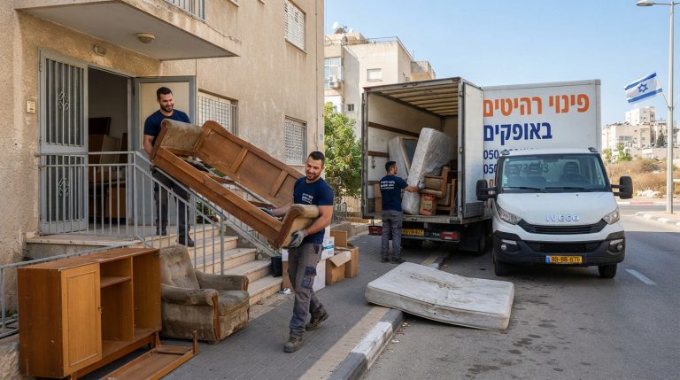 צוות מובילים מקצועי מפנה רהיטים ישנים (ספה וארון) מדירה באופקים במסגרת שירות פינוי תכולת דירה.
