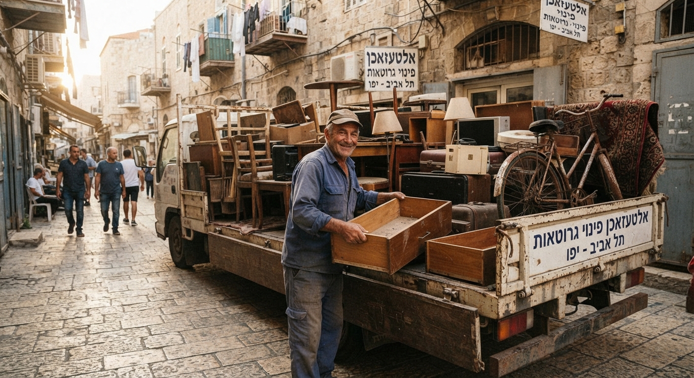 צוות פינוי דירות מקצועי מפנה רהיטים ישנים, גרוטאות ואלטעזאכן לרכב פינוי ברחוב בתל אביב.