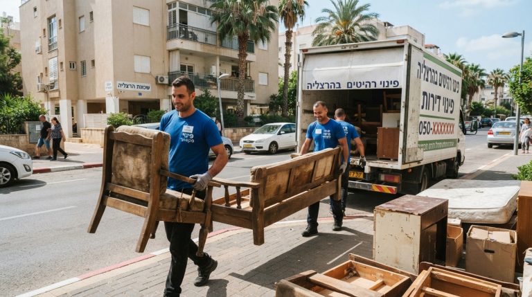צוות מקצועי של חברת פינוי דירות מוציא ספה ורהיטים ישנים מדירה מודרנית בהרצליה בצורה מסודרת ובטוחה.