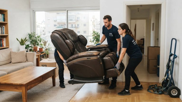 כסא עיסוי ישן וגדול עומד בפינת סלון, מייצג את האתגר של פינוי פריטים כבדים מהבית לצורך תרומה או מיחזור.