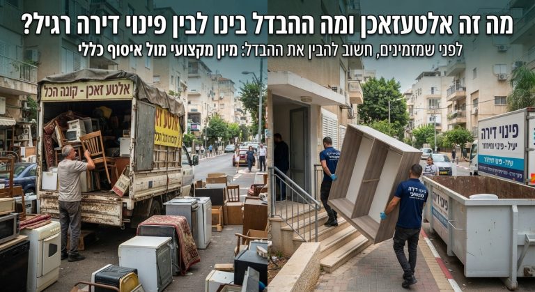 איור דיגיטלי המציג השוואה בין אלטעזאכן מסורתי (איסוף גרוטאות ורהיטים ישנים ברחוב) לבין שירות מקצועי, מסודר ויעיל של פינוי דירה.
