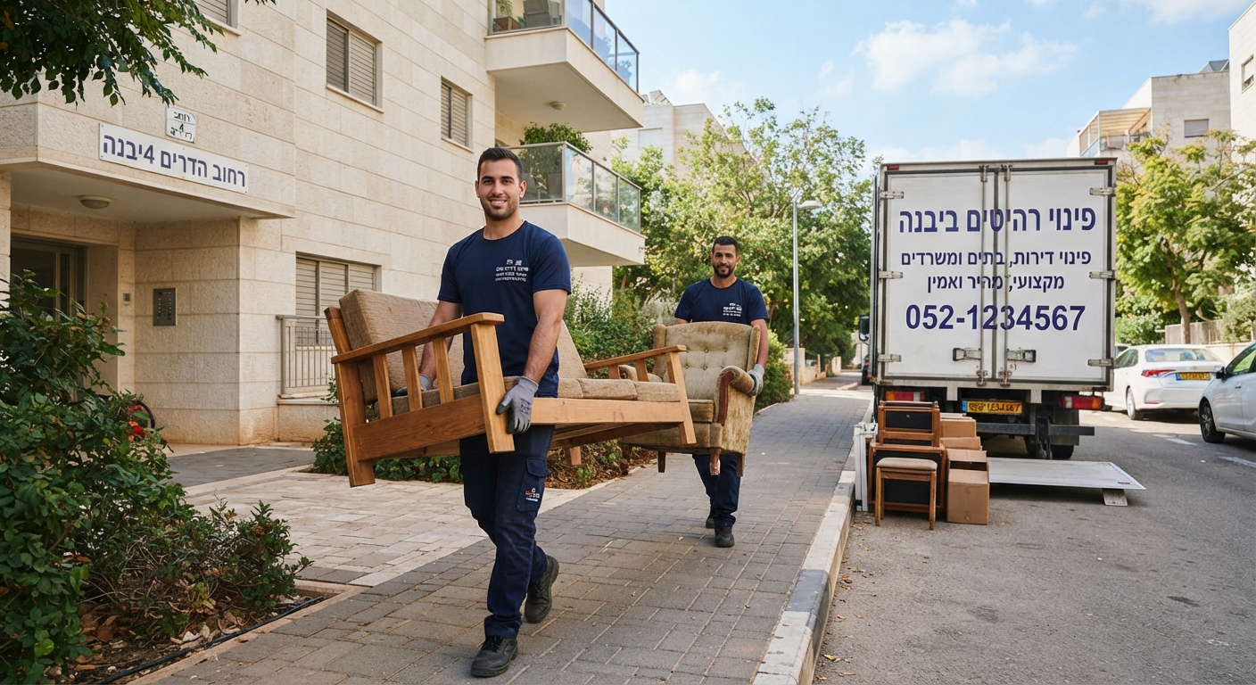 צוות מקצועי של חברת פינוי דירות מפנה ספה ורהיטים כבדים מדירה ביבנה בצורה בטוחה ויעילה.