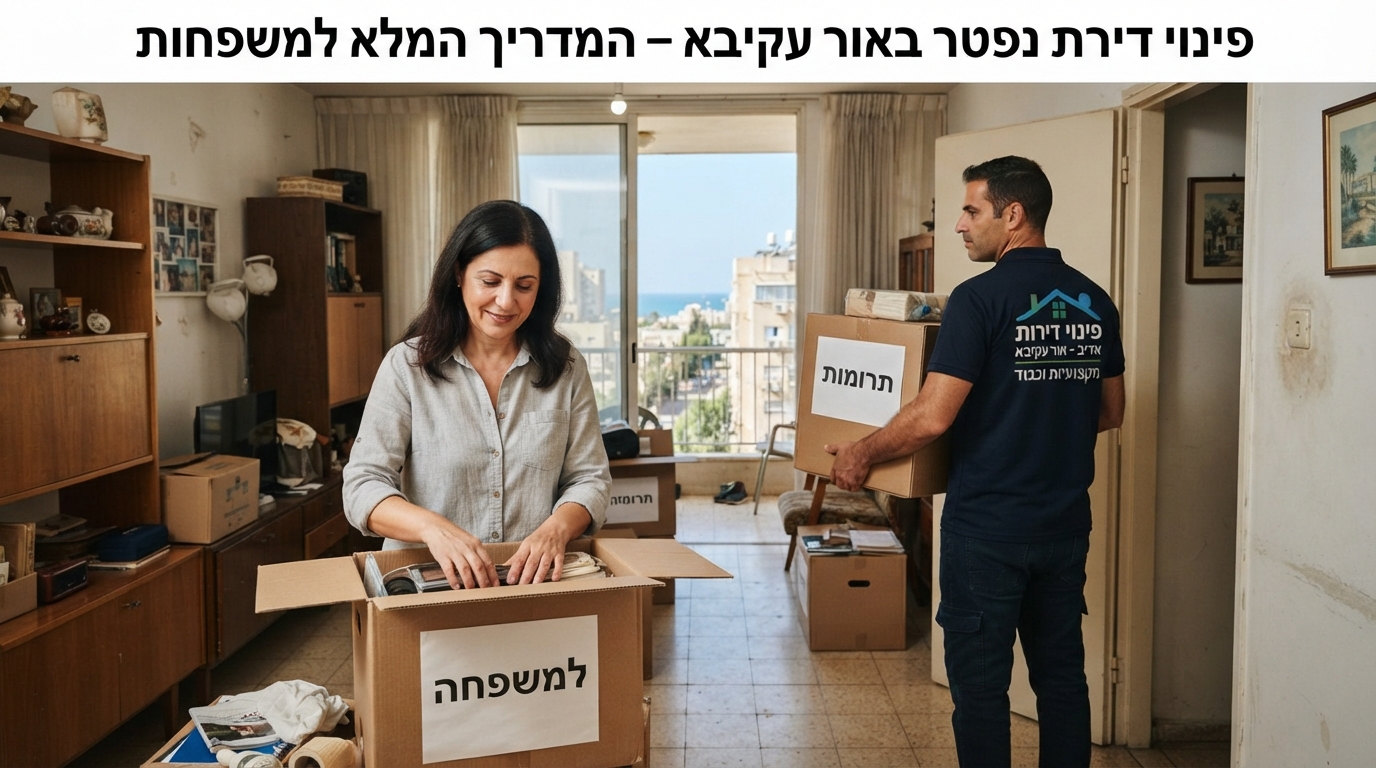 דירה מוארת ומסודרת באור עקיבא במהלך תהליך פינוי דירת נפטר, עם ארגזים ארוזים בקפידה המשרים אווירה של כבוד, סדר ורגישות.
