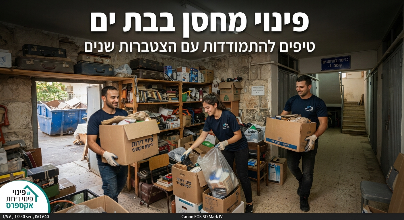 מחסן עמוס בבניין מגורים בבת ים, מלא בארגזי קרטון, חפצים ישנים שנצברו לאורך שנים ואבק, בתהליך של מיון, סידור ופינוי יעיל.