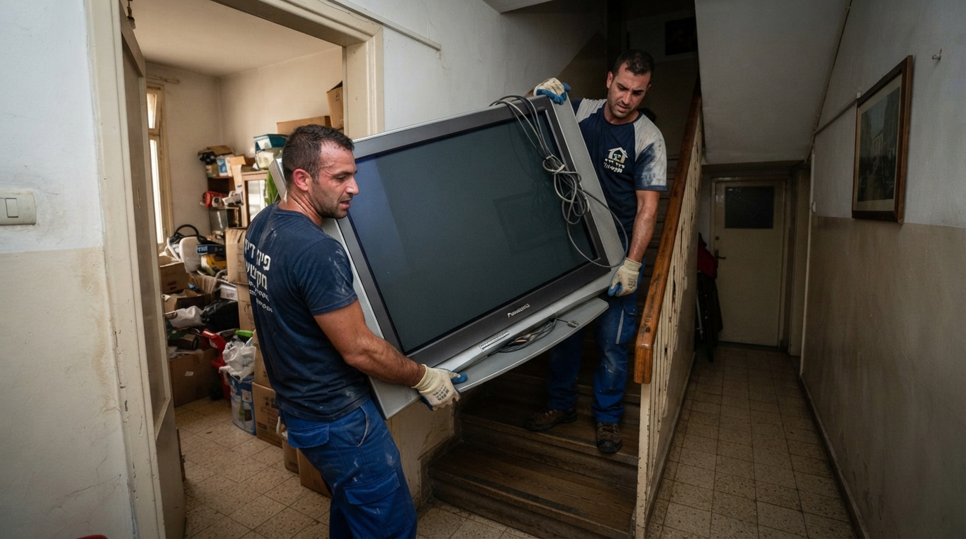 שני אנשי מקצוע מטעם חברת פינוי דירות מרימים בזהירות ובצורה בטוחה טלוויזיית פלזמה גדולה וכבדה מתוך סלון דירה.