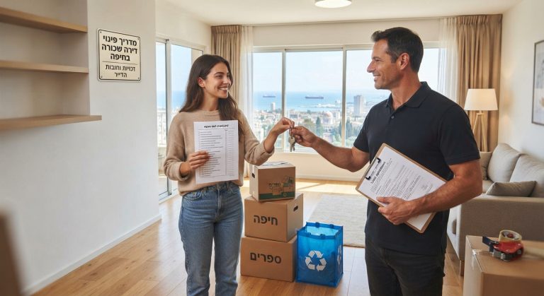 דירה שכורה בחיפה בתהליך פינוי ואריזה, עם ארגזים מוכנים למעבר ונוף אורבני של חיפה ברקע, הממחישה את סיום חוזה השכירות.