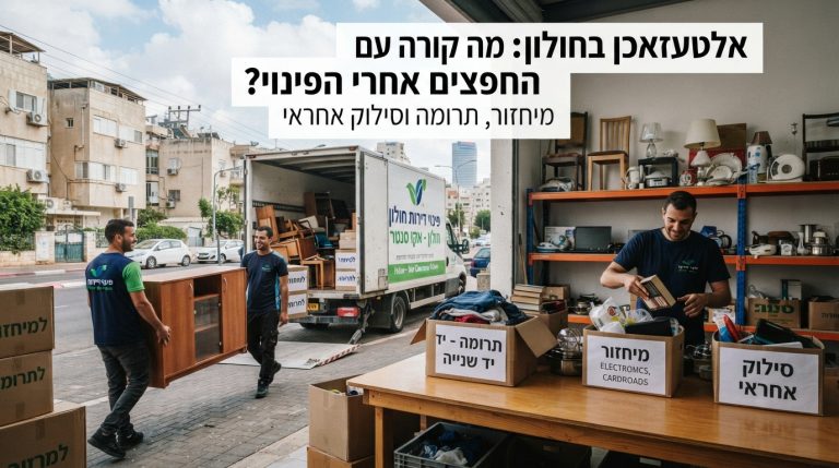 צוות פינוי דירות מקצועי בחולון ממיין ארגזים, רהיטים וחפצים מחוץ לדירה, ומפריד ביניהם לצורך תרומה, מיחזור ופינוי לאתרים מורשים.