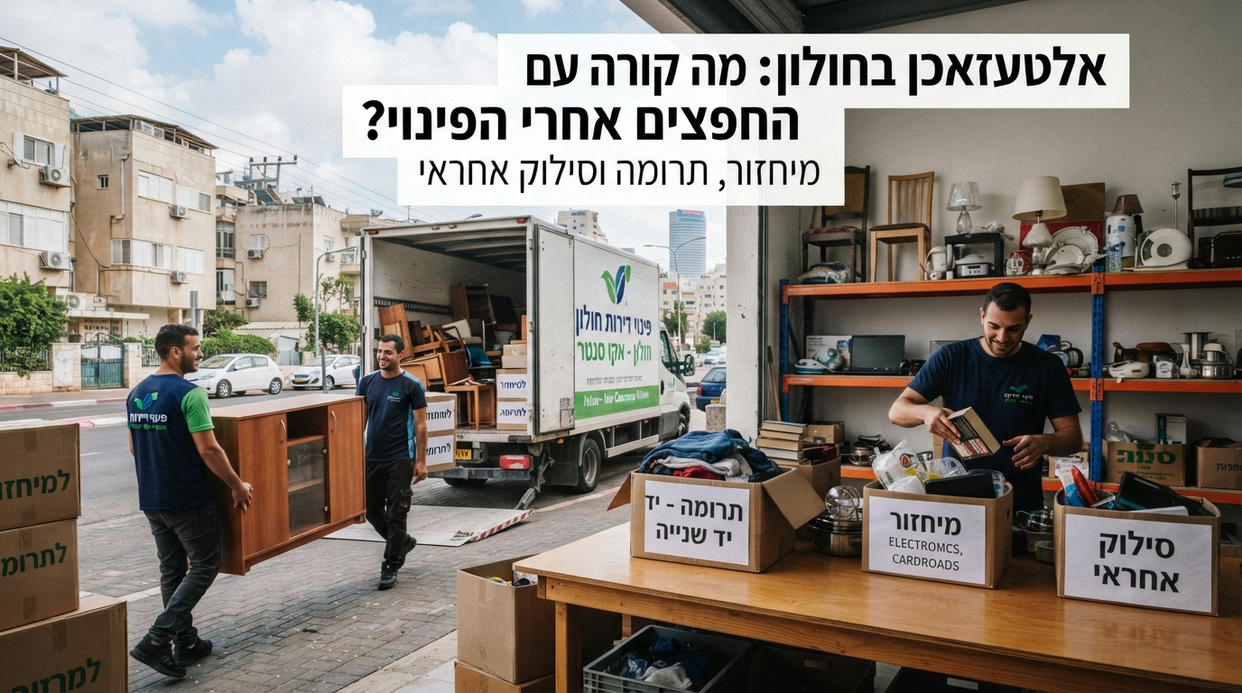 צוות פינוי דירות מקצועי בחולון ממיין ארגזים, רהיטים וחפצים מחוץ לדירה, ומפריד ביניהם לצורך תרומה, מיחזור ופינוי לאתרים מורשים.