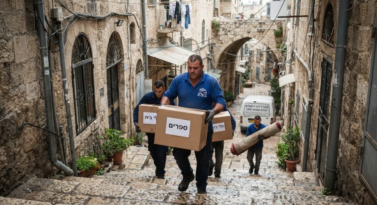 צוות פינוי דירות מקצועי מעביר ארגזים וציוד בסמטת אבן צרה ותלולה עם מדרגות בשכונת נחלאות ההיסטורית בירושלים.