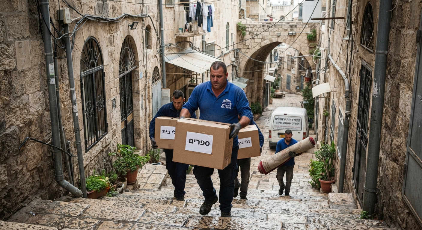 צוות פינוי דירות מקצועי מעביר ארגזים וציוד בסמטת אבן צרה ותלולה עם מדרגות בשכונת נחלאות ההיסטורית בירושלים.