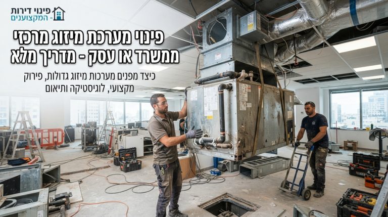 צוות מקצועי לבוש בבגדי עבודה ובטיחות מפרק ומפנה תעלות ומנוע של מערכת מיזוג אוויר מרכזית מתוך משרד מודרני בתהליך לוגיסטי מסודר.
