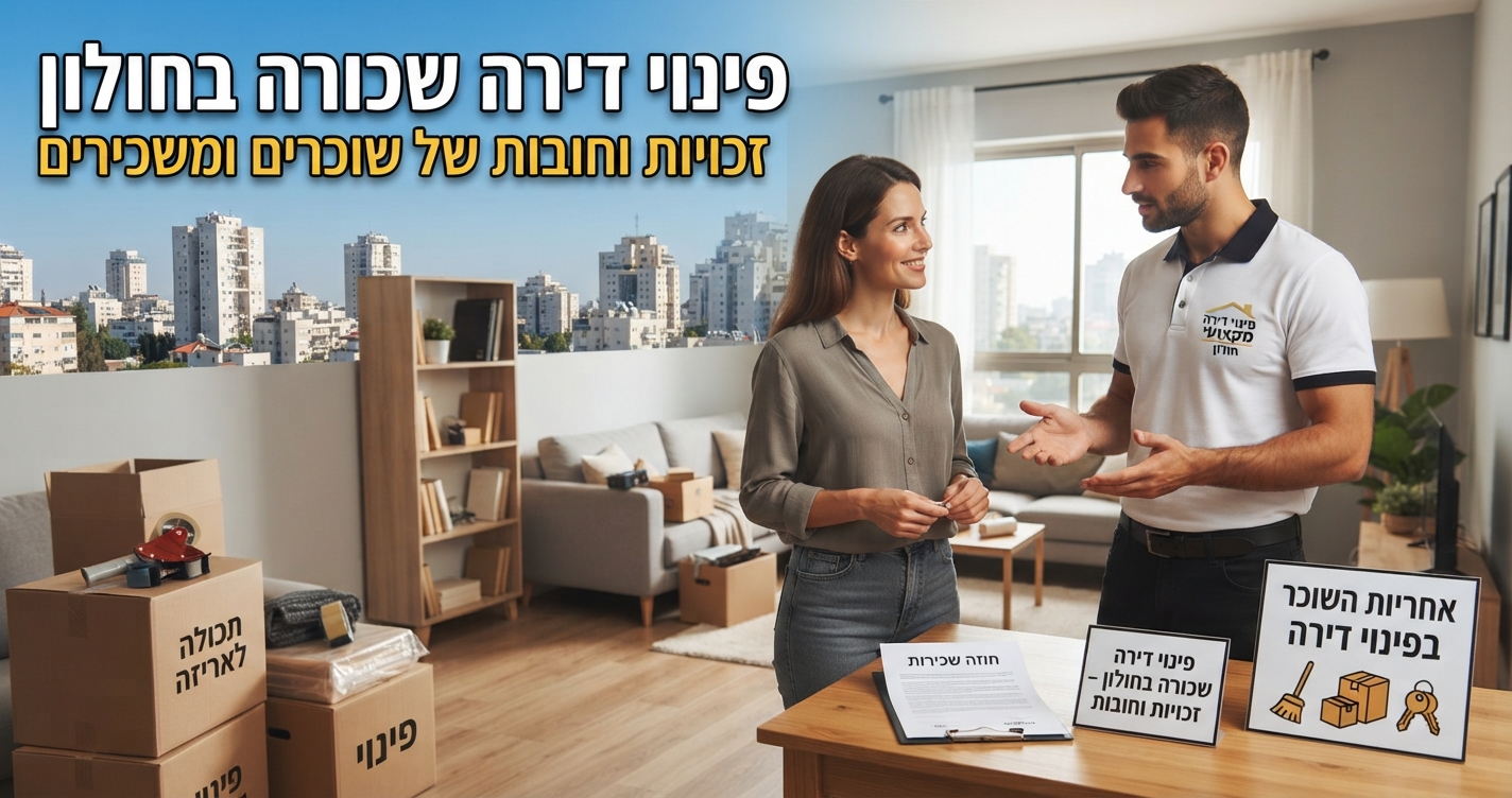 דירה שכורה ומוארת בחולון בתהליך פינוי, עם ארגזי קרטון ארוזים וסלון נקי ומסודר, המייצגת סיום חוזה שכירות והחזרת הנכס למשכיר.