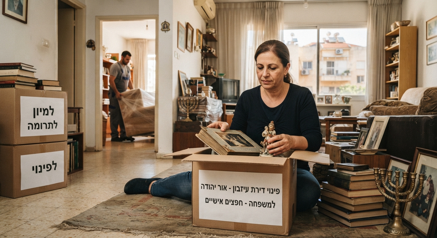 דירת מגורים באור יהודה בתהליך פינוי וארגון מכובד של עיזבון. בתמונה רואים ארגזים ארוזים בצורה מסודרת, חלל מואר ונקי המשרה תחושת הקלה והתחלה חדשה.