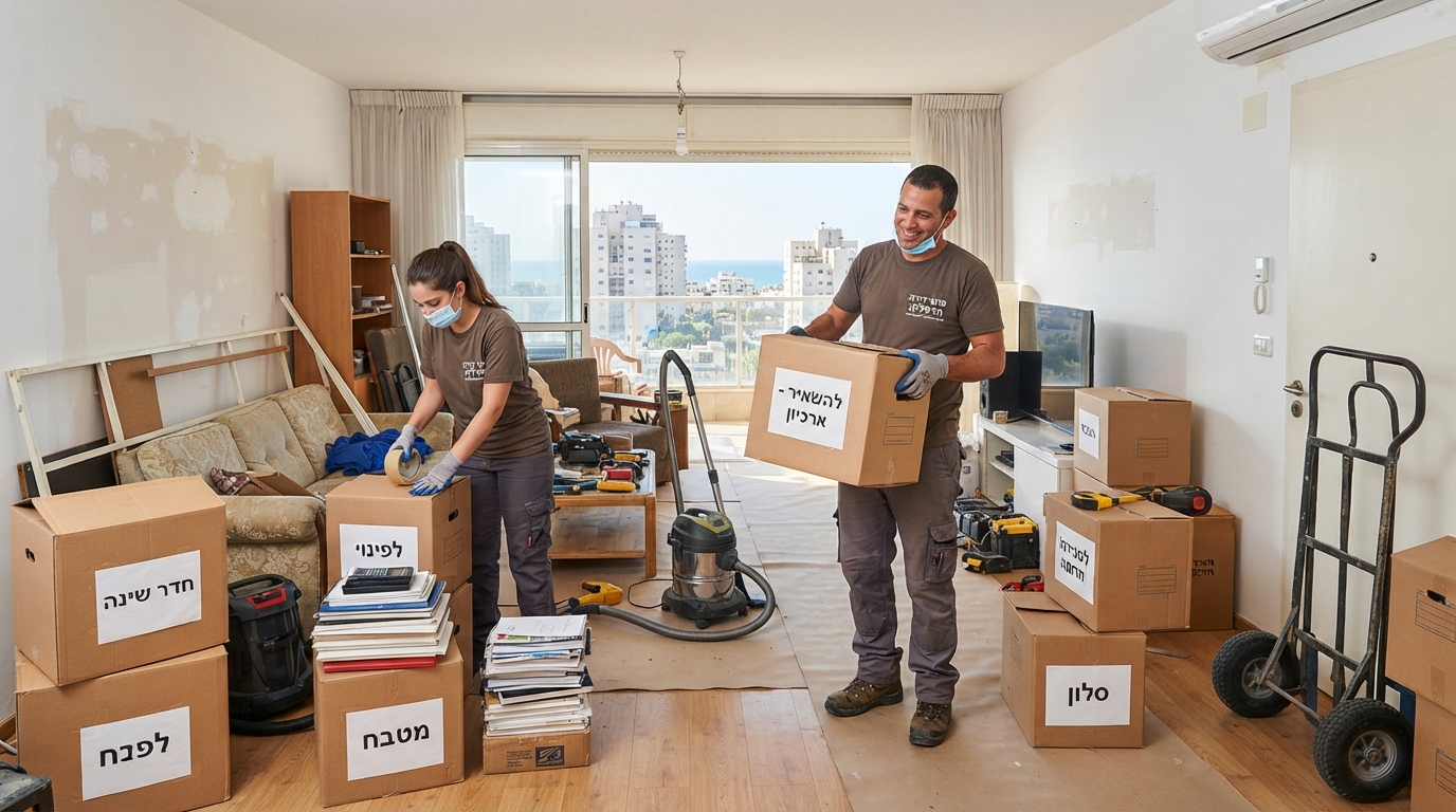 דירה מוארת ומודרנית בהרצליה בתהליך אריזה ופינוי לקראת שיפוץ, עם ארגזי קרטון מסודרים וחלל שעובר פינוי מקצועי.