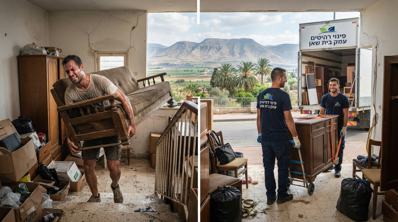 אדם מתאמץ ומזיע בניסיון לפנות ספה כבדה וישנה לבדו בחום של עמק בית שאן, מדגים את הקושי הפיזי שבפינוי רהיטים עצמאי.