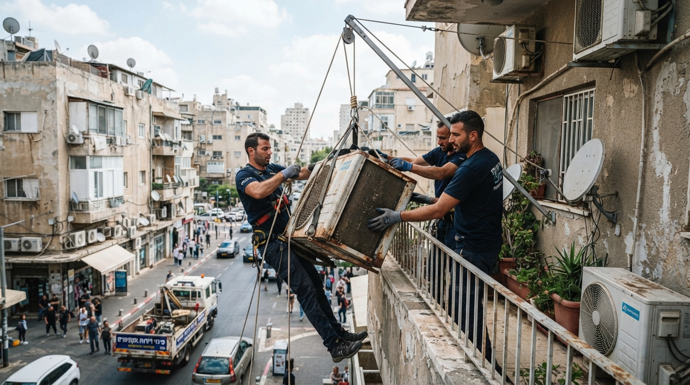 צוות מקצועי של חברת פינוי דירות מפנה בבטחה מזגן ישן וכבד מחלון דירה בקומה גבוהה בבניין ללא מעלית, תוך שימוש בציוד הרמה מקצועי.
