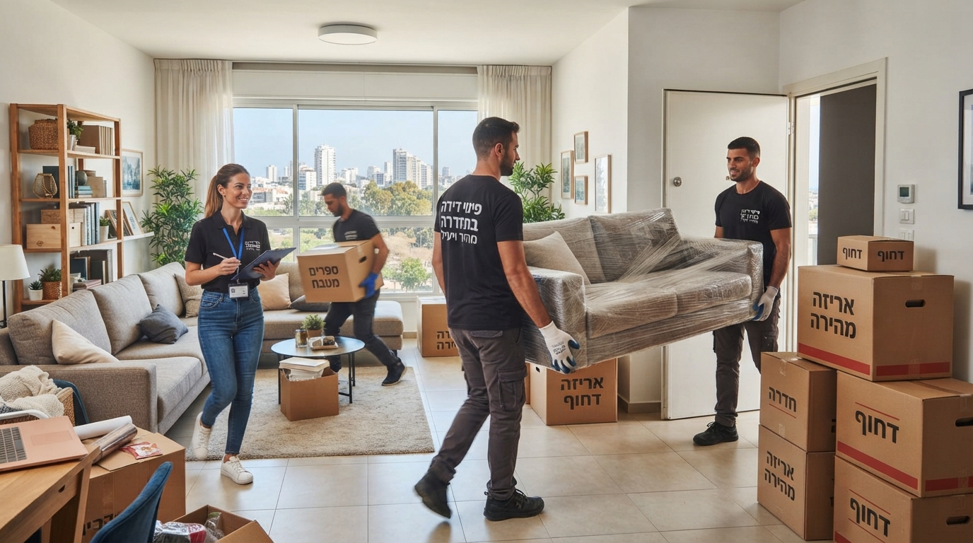 צוות מקצועי מפנה תכולת דירה בחדרה ביעילות ובמהירות, כחלק משירות פינוי דירה תוך יום אחד.