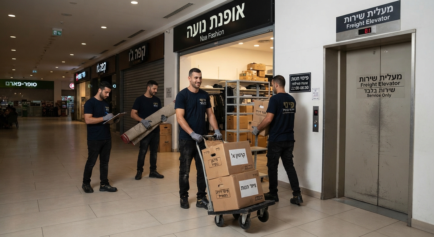 צוות מקצועי של חברת פינוי מפנה ארגזים וציוד מתוך חנות ריקה במרכז מסחרי מודרני, כחלק מתהליך פינוי חנות בקניון.