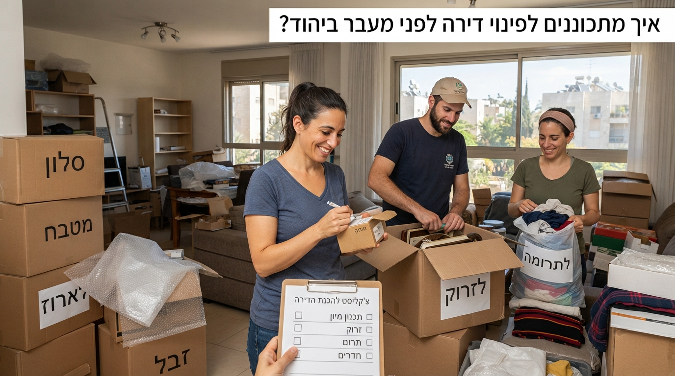 דירה מוארת ומאורגנת ביהוד בתהליך מיון חפצים לקראת מעבר ופינוי, עם ארגזי קרטון מסומנים בתוויות: לשמור, לתרום ולזרוק.