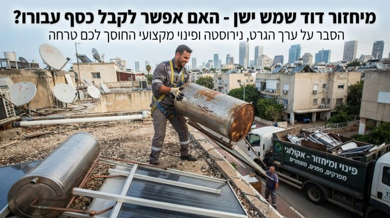 דוד שמש ישן וקולטי שמש על גג בניין, המיועדים לפינוי, מיחזור וקבלת ערך גרט עבור הנירוסטה והמתכת.