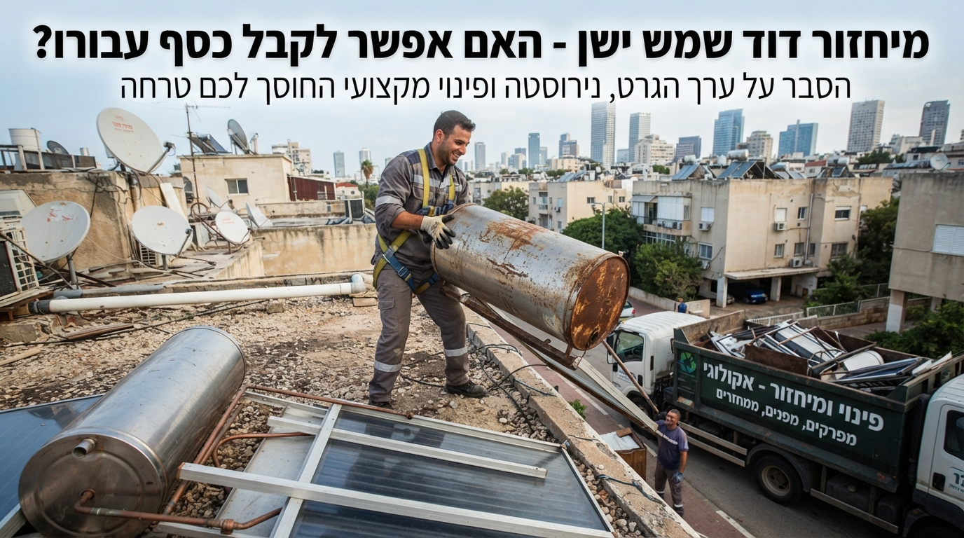 דוד שמש ישן וקולטי שמש על גג בניין, המיועדים לפינוי, מיחזור וקבלת ערך גרט עבור הנירוסטה והמתכת.