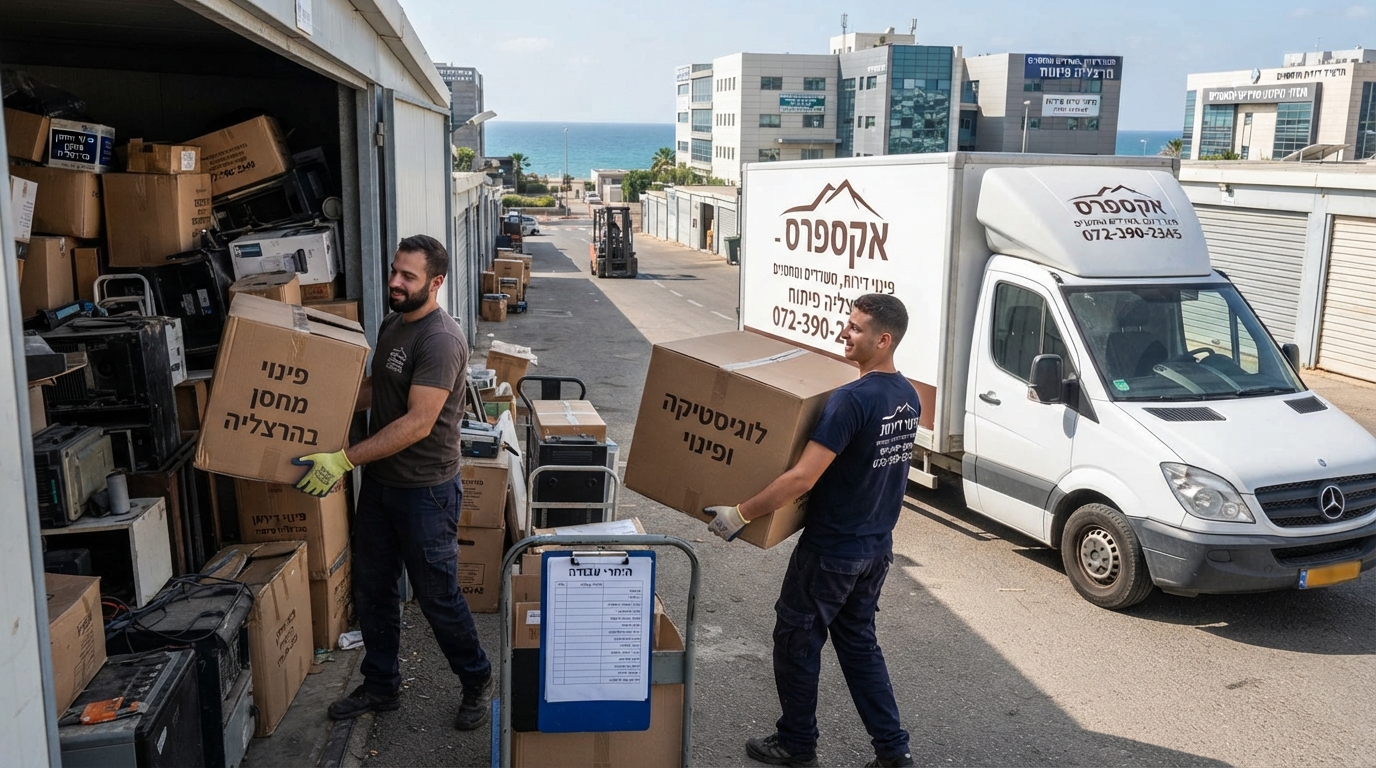 צוות מקצועי של חברת פינוי מבצע פינוי מחסן באזור התעשייה הרצליה פיתוח, תוך שימוש בציוד לוגיסטי ומשאית פינוי בצורה מאורגנת.