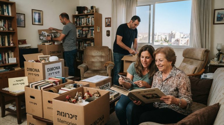 דירה מסודרת בדימונה עם ארגזי אריזה מוכנים, המשדרת תהליך פינוי דירה רגיש ומכבד עבור הורה מבוגר שעובר לבית אבות.