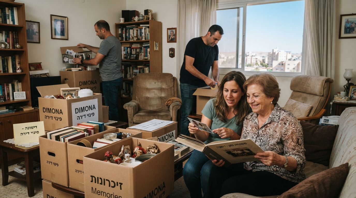 דירה מסודרת בדימונה עם ארגזי אריזה מוכנים, המשדרת תהליך פינוי דירה רגיש ומכבד עבור הורה מבוגר שעובר לבית אבות.
