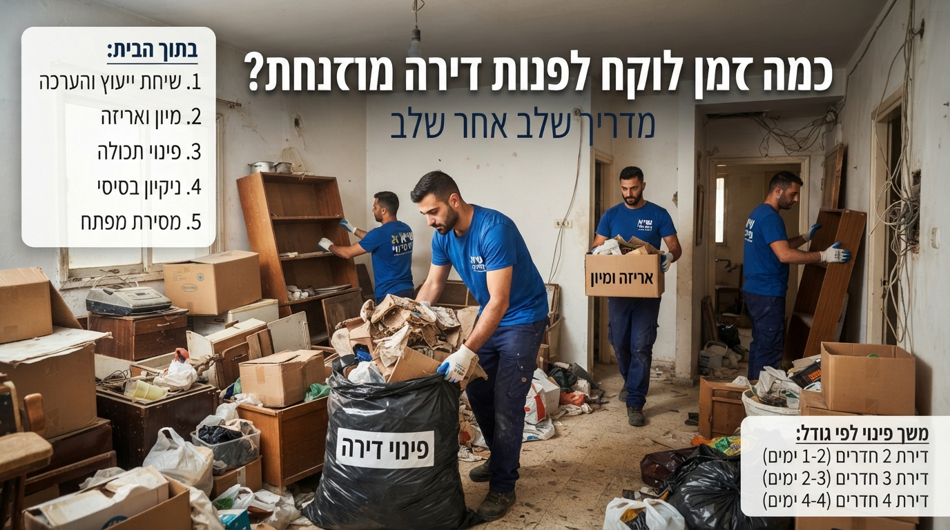 צוות מקצועי של חברת פינוי דירות בתהליך פינוי וניקוי של דירה מוזנחת ועמוסה, מציג את המעבר מבלגן לסדר ואת שלבי העבודה עד לקבלת דירה ריקה.