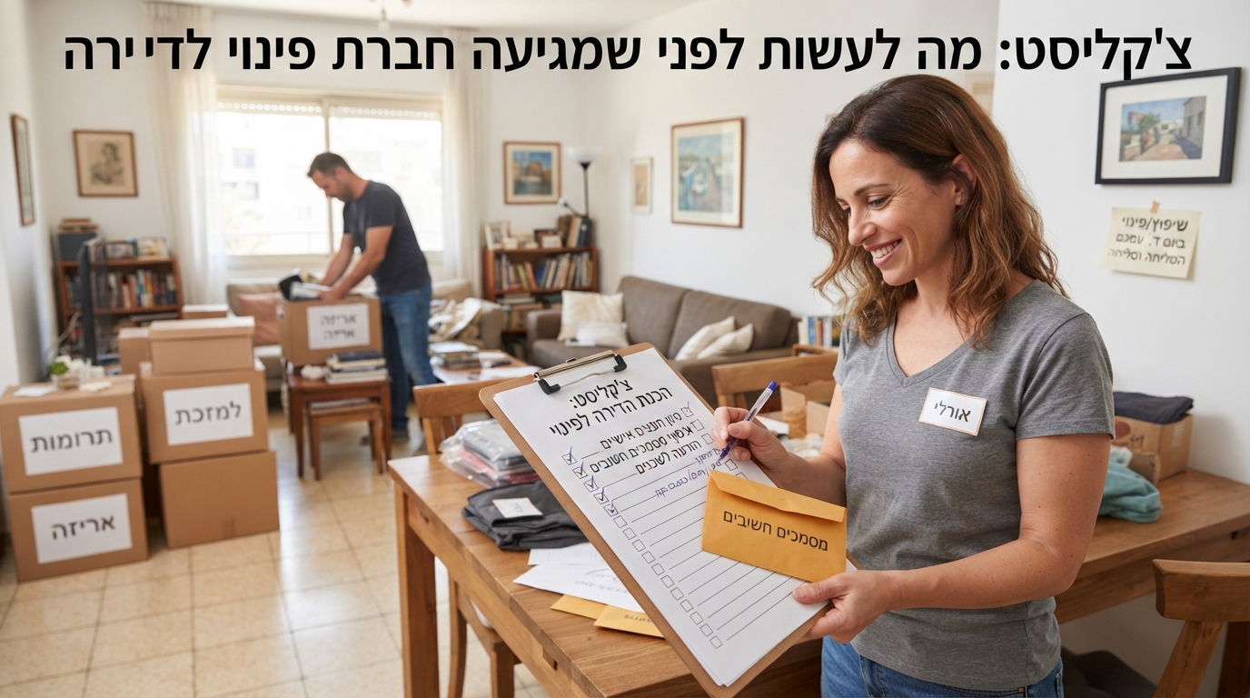 איור של דירה מאורגנת עם ארגזי קרטון ארוזים, קלסר מסמכים ולוח כתיבה ועליו צ'קליסט (רשימת משימות) מוכן לקראת הגעת חברת פינוי דירות.