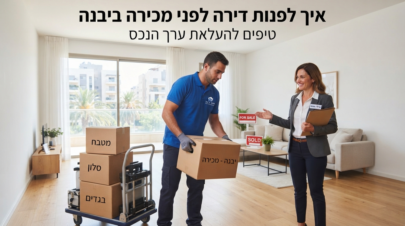 סלון דירה מרווח, מואר ונקי מחפצים ביבנה, לאחר שעבר פינוי וסידור מקצועי לקראת מכירה ראשונה במחיר גבוה