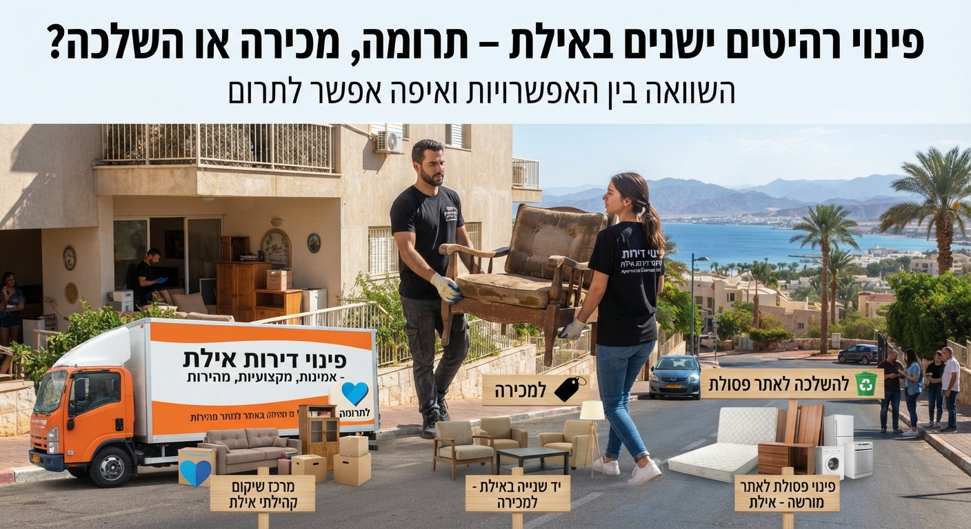 רהיטים ישנים בבית באילת המיועדים לפינוי, עם איורים או חצים המציגים את האפשרויות: תרומה לנזקקים, מכירה או השלכה ומיחזור.