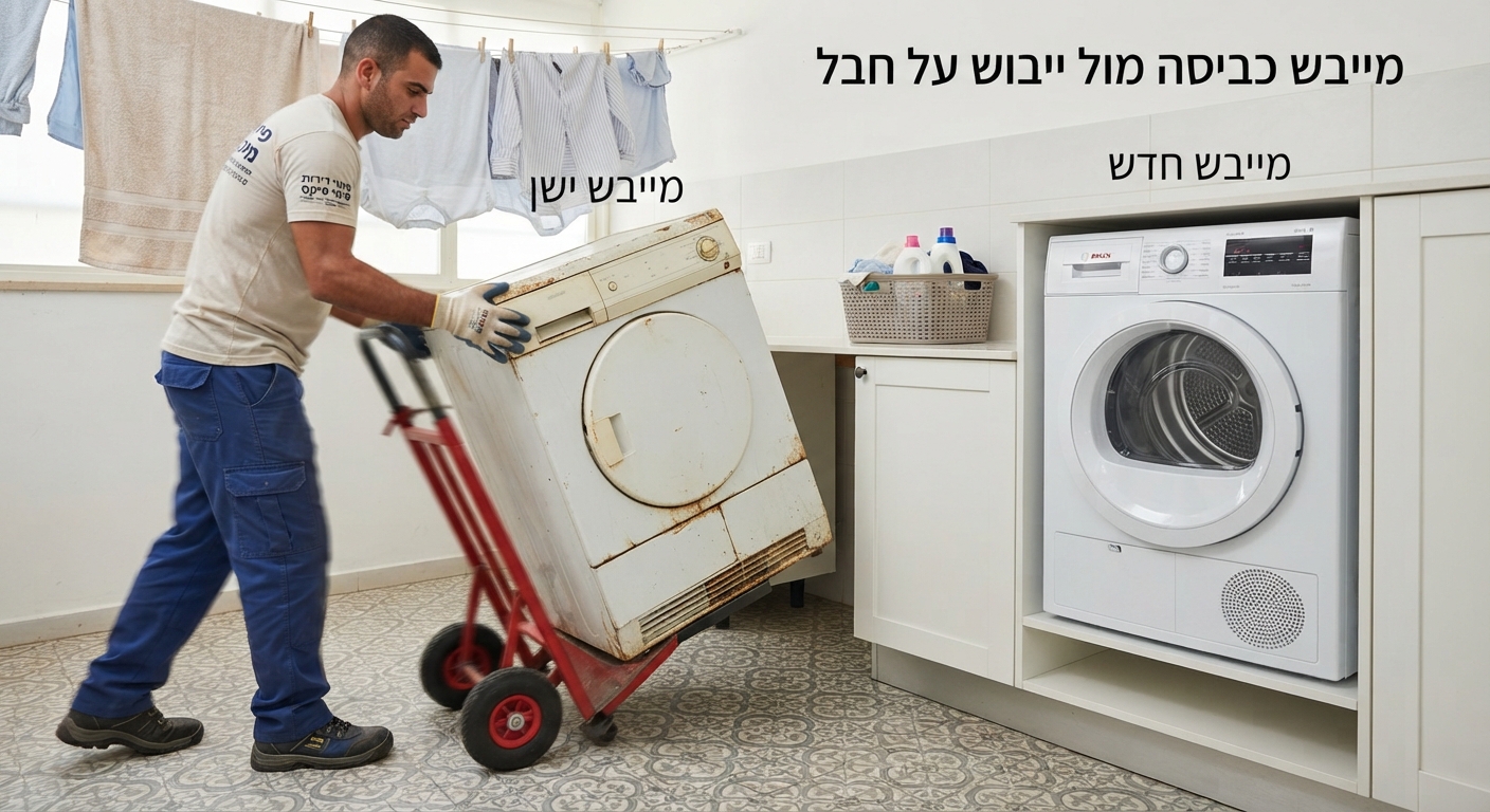 מייבש כביסה ישן ומיושן עומד לצד חבל כביסה מסורתי עם בגדים תלויים, המייצג את הדילמה בין שיטות הייבוש ואת הצורך בפינוי מכשירי חשמל ישנים מהבית לצורך שדרוג.