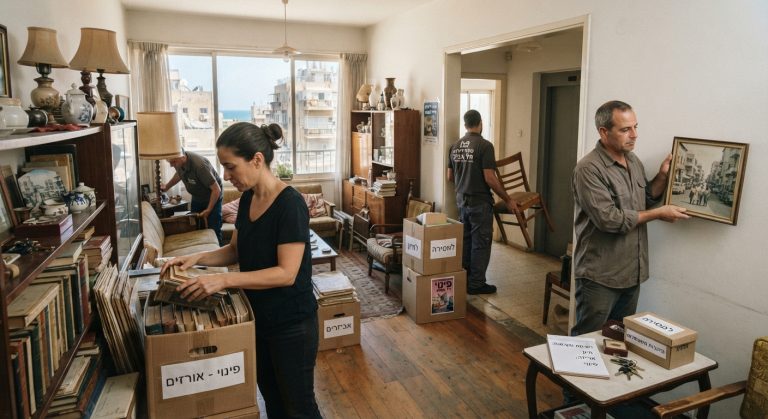 ארגזי קרטון ארוזים וחפצים נוסטלגיים בדירה תל אביבית מוארת, הממחישים תהליך של מיון ופינוי דירת ירושה ברגישות וביעילות.