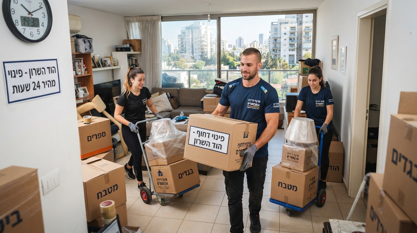 צוות מקצועי של חברת פינוי דירות מעמיס ארגזים וציוד מדירה בהוד השרון, כחלק מתהליך פינוי דירה מהיר במצב חירום.