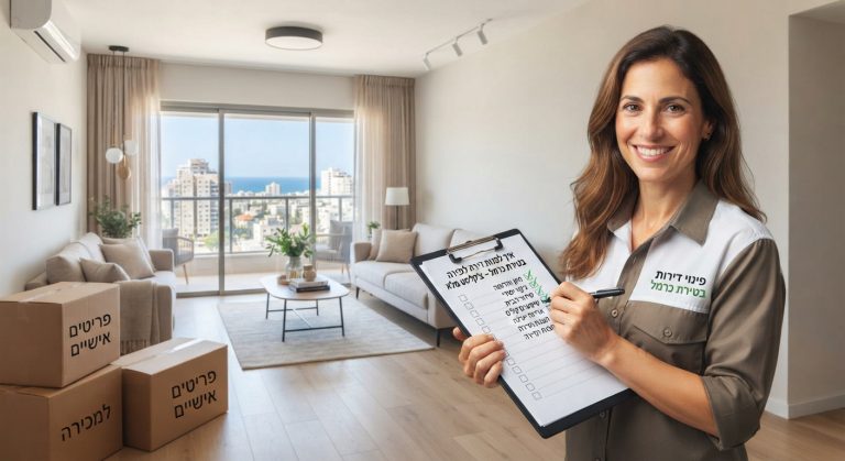 דירה מוארת ומרווחת בטירת כרמל בשלבי פינוי ואריזה לקראת מכירה, עם ארגזי קרטון מסודרים ולוח כתיבה המציג צ'קליסט משימות להעלאת ערך הנכס.