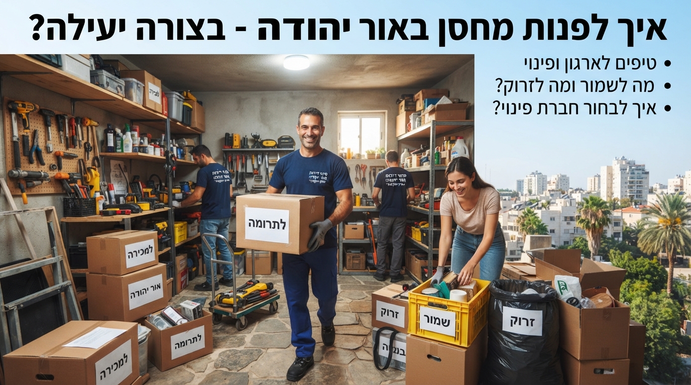 מחסן מאורגן ומסודר באור יהודה לאחר תהליך פינוי וסידור מקצועי, עם ארגזים ארוזים ומעבר פנוי.