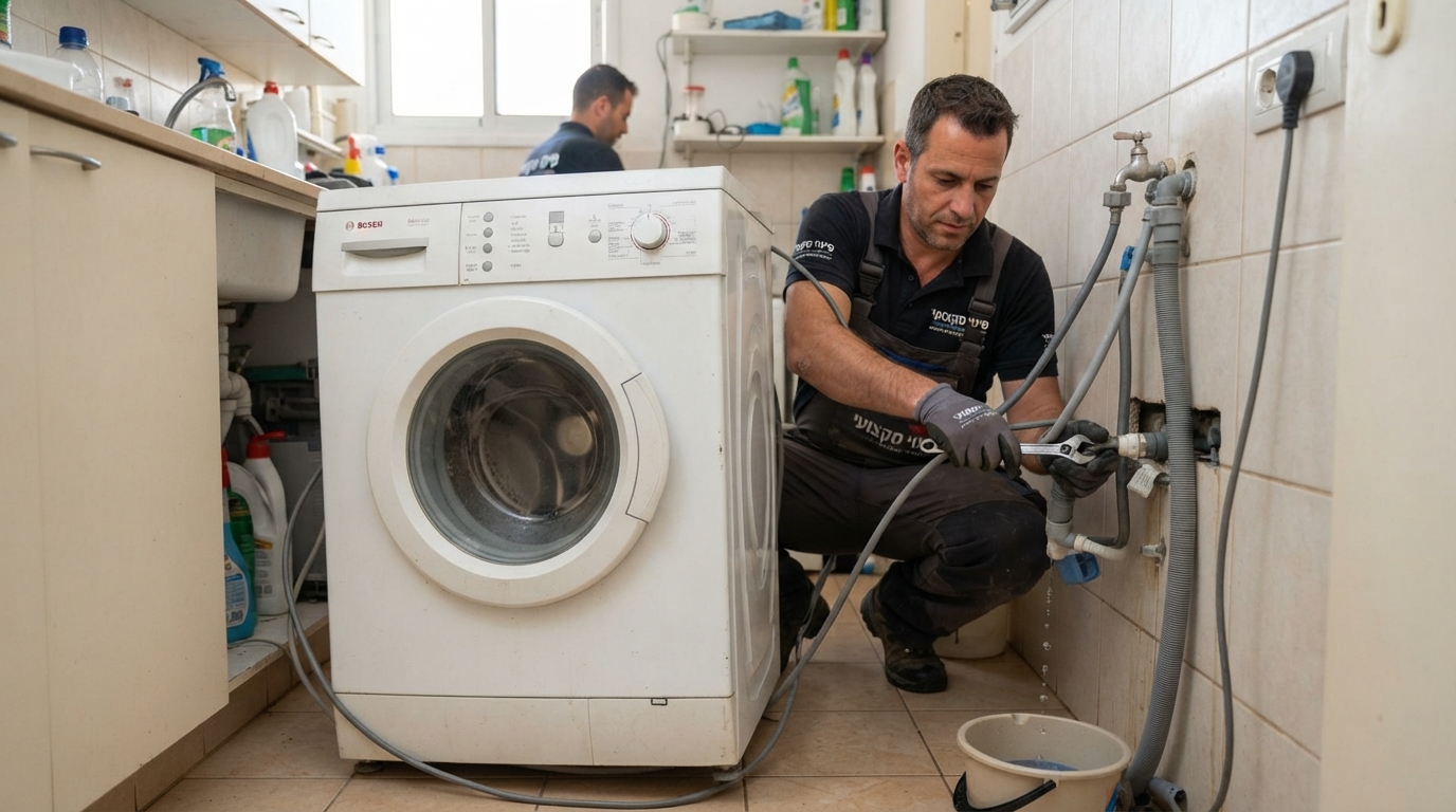 איש מקצוע מנתק בזהירות צינור מים מצידה האחורי של מכונת כביסה, כחלק מתהליך הכנה לפינוי המכשיר מהדירה.