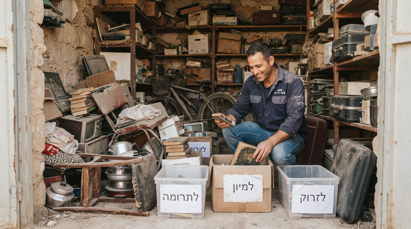מחסן עמוס בארגזים, חפצים ישנים ורהיטים העובר תהליך של מיון, סידור ופינוי יעיל בדימונה.