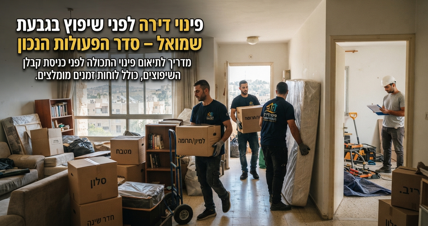דירה בגבעת שמואל בתהליך פינוי תכולה ואריזה, עם ארגזים וחלל מתרוקן לקראת כניסת קבלן שיפוצים.