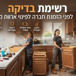 איור מקצועי המציג מטבח בתהליך פירוק ופינוי ארונות, עם סמל של רשימת בדיקה (Checklist) המדגישה קריטריונים כמו ביטוח, פינוי פסולת מורשה וניקיון.