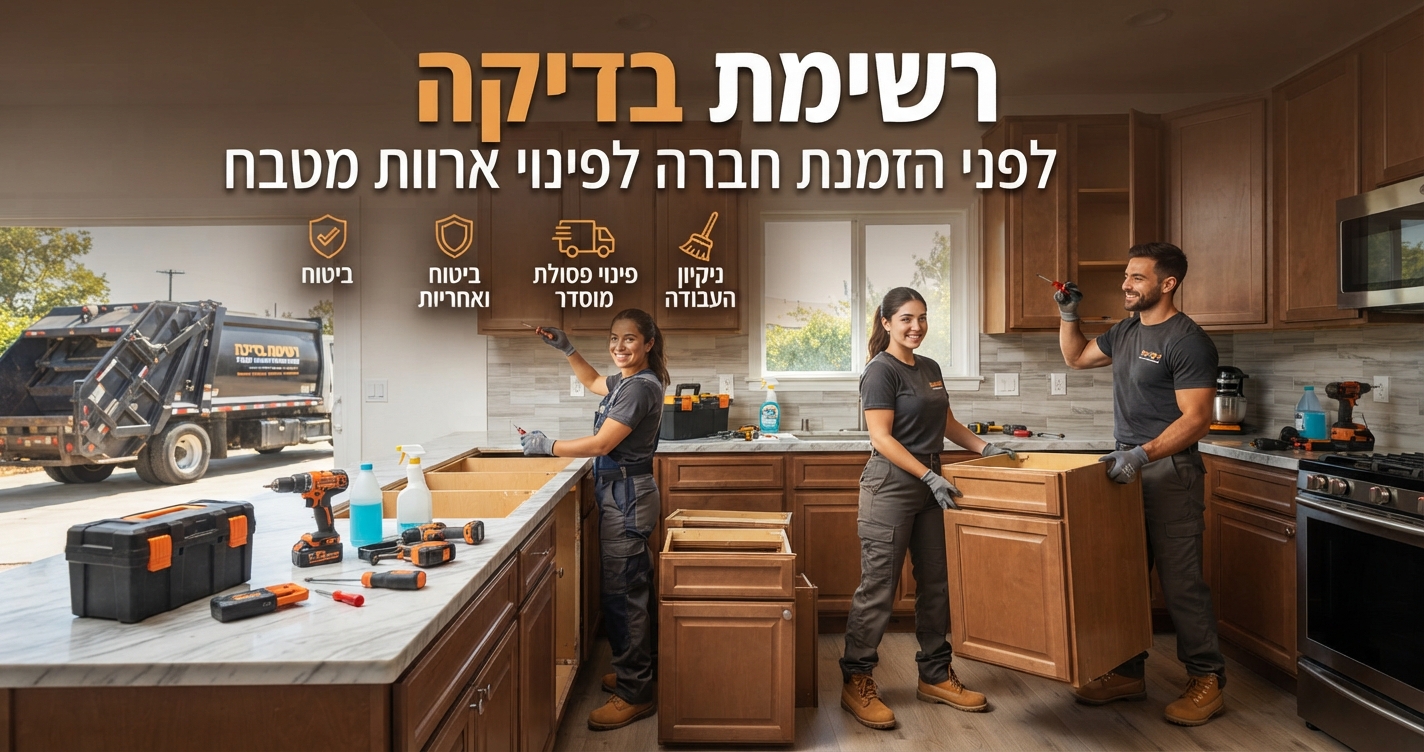 איור מקצועי המציג מטבח בתהליך פירוק ופינוי ארונות, עם סמל של רשימת בדיקה (Checklist) המדגישה קריטריונים כמו ביטוח, פינוי פסולת מורשה וניקיון.